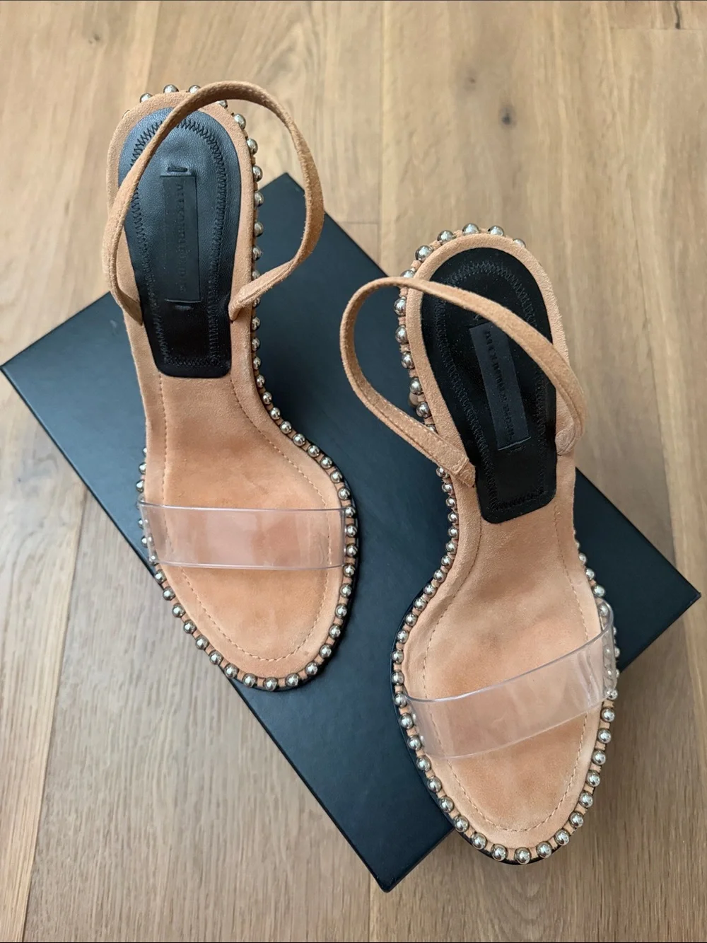 Alexander Wang Tan Suede Slingback Heels with Clear Strap and Stud Trim